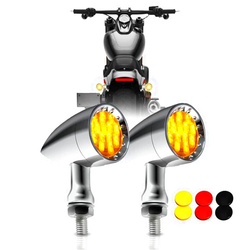 DREAMIZER 2pcs Chrome Bullet 15 LEDs Motorcycle Turn Signal Lights Front and Rear Indicator Lamps Compatible for Harley Honda Yamaha Cruiser Softail Sportster StreetBike Chopper Bobber (Amber lens)