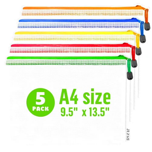 JUZARI 5 Pack Mesh Zipper Pouch Bags A4-13.5x9.5 in Plastic Zipper Pouches for Organizing - Document Bags With Zipper - Letter Size Zipper Pouch - Document Pouch With Zipper - Mesh Pouch With Zipper