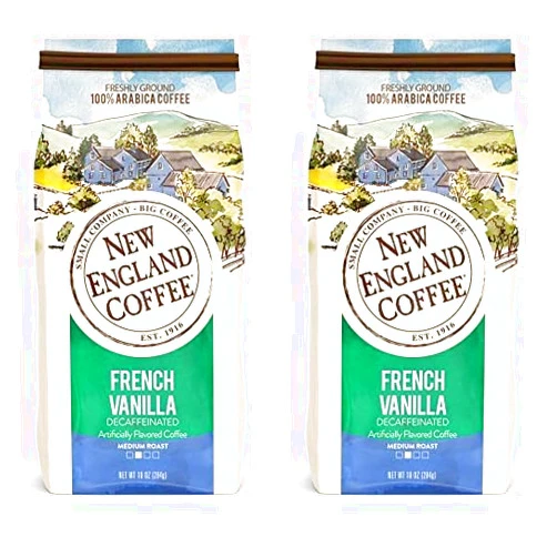 New England Coffee French Vanilla Decaffeinated Medium Roast Ground Coffee, 10oz Bag (Pack of 2)