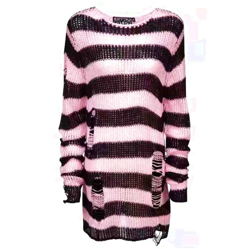 Peaceglad Womens Oversized Goth Punk Ripped Striped Long Sleeve Pullover Sweater Dress Tops