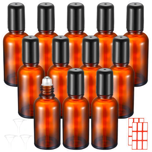 Sumind 12 Pcs 30ml Roller Glass Bottle Essential Oil with Stainless Steel Refillable Sample Container Brown Empty Roller Bottle Applicator with Funnel Sticker for Travel(Amber)