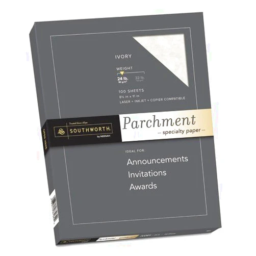 Southworth Products,Southworth,Fine Parchment Paper, 24 lbs., 8-1/2x11, Ivory, 100/Pack,Sold As 1 Pack, inkjet and copier guaranteed.,Watermarked and date coded.