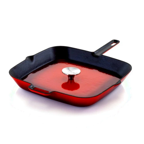 Megachef Enamel Cast Iron Pan with Matching Grill Press, 11 Inch, Red