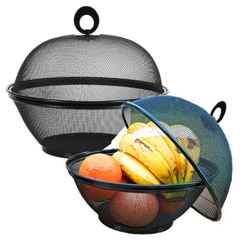 QWXOSR Fruit Basket With Lid - Decorative Fruit Bowl Metal Wire Basket Covered Fruit Bowl Strainer For Fruits Vegetables Fruit Display Stand Keeps Flies Out Φ10.7 (2 Fruit Baskets+2 Lids) (black)