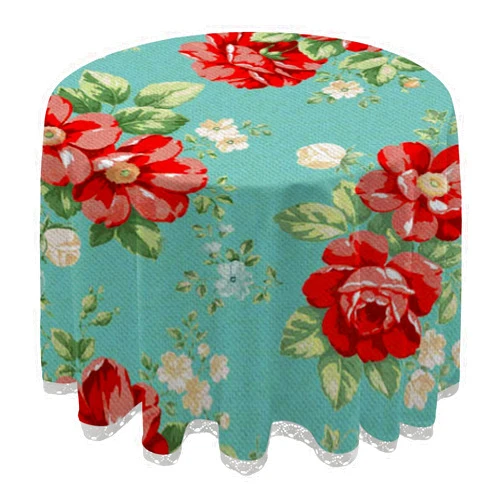 Tangkunup Round Tablecloth with Lace - Washable Circle Tablecloth for Dining Table, Tear Resistant Red Flowers Table Cloth 60 Inch