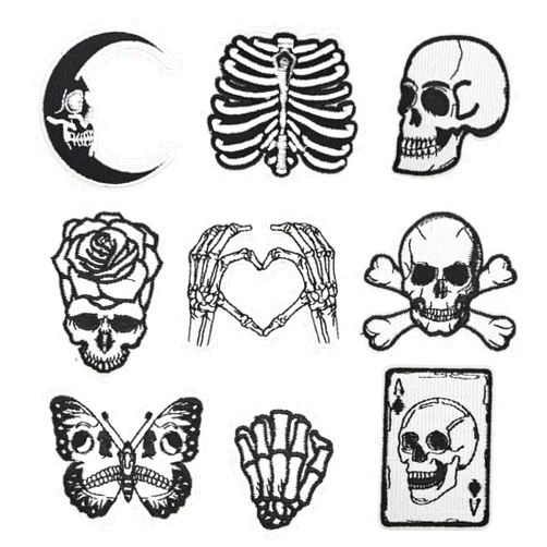 MOGOXION Halloween 9 Pcs Embroidery Iron on Patches Black White Sew on Emblem Applique Cartoon Skull Butterfly Clothes Stickers Small Repair Sewing Patch for Party Craft DIY Clothing Jackets Hats Shirts Jeans