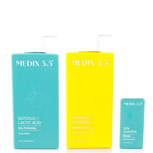 Medix 5.5 Anti Aging Skin Care 3PC Set, Vitamin C Body Cream + Exfoliating AHA Glycolic Acid Foaming Face Wash & Body Wash + 10% AHA Exfoliating Serum For KP Bumps, 3pc Skincare Set