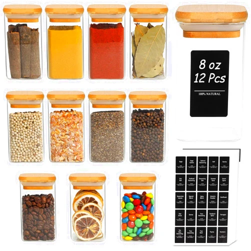 ComSaf 12Pcs Glass Spice Jars with Bamboo Lid, 8oz Airtight Square Containers with 275 Black Lables, Empty Seasoning Jars for Spice Salt Sugar