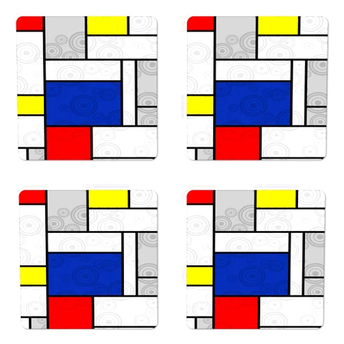 Lunarable Retro Coaster Set of 4, Mondrian Inspired Composition with Circles Dots Geometric Grid Abstract, Square Hardboard Gloss Coasters, Standard Size, Red Blue