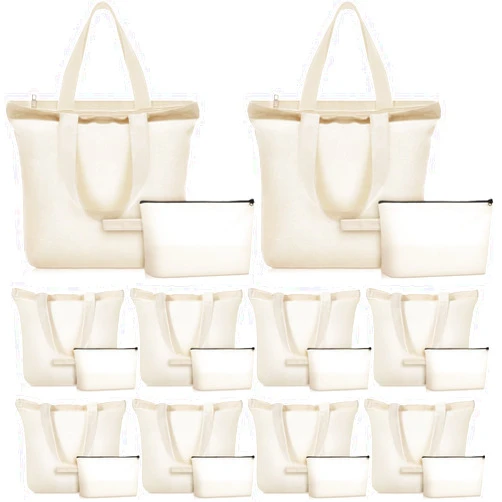 Silkfly 20 Pcs Tote Bag with Zipper, Cotton Canvas Makeup Bag Kitchen Reusable Grocery Pouch Blank Canvas Totes with Handles