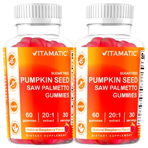 Vitamatic 2 Packs Sugar Free Pumpkin Seed Gummies - Made with Saw Palmetto - Natural Raspberry Flavor - 60 Count