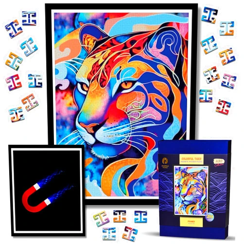 Goldbird Creations Wooden Jigsaw Puzzles with Frame for Adults - Framed Magnetic Wooden Puzzle - Challenging Wood Cut Puzzles - Landscape Wall Art Decor for Living Room - Christmas & Birthday Gift Idea (Colorful Tiger)
