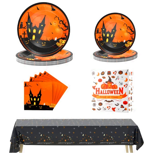 Vadeture Halloween Party Supplies, Halloween Plates, Halloween Table Decorations, Halloween Party Decorations, 73 PCS Halloween Disposable Dinnerware Set Includes Paper Plates, Napkins, Tablecloth, Serves 24