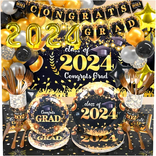 Nuolifee 276Pcs Graduation Party Decorations Class of 2024 - Include Grad Backdrop,Banners,Balloons,Tablecloth,Paper Plates,Cups Napkins and Cutlery(Black & Gold)