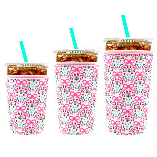YR Reusable Neoprene Insulator Sleeve for Iced Coffee Cups, 3 Pack Coffee Coolies sleeves for Iced & Hot Drinks, Cold Beverage Cooler Compatible with Starbucks Coffee and More (Pink Bows)