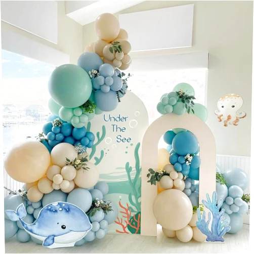 GIZIUXNE 147pcs Under the Sea Balloons Garland Arch Kit with Dusty Slate Blue Pastel Green Sand White Latex Balloons for Ocean Themed Under the Sea Baby Shower Birthday Party Decorations