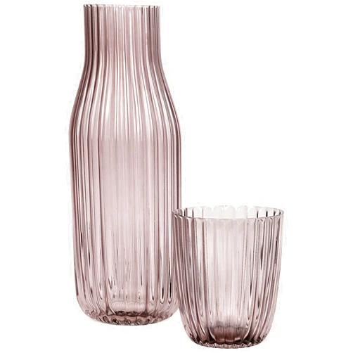 elle decor Ribbed Bedside Water Carafe with Tumbler Set | Ribbed Glass Pitcher and Matching Drinking Glass Doubles as Lid | 39-Ounce Jug for Guest Room, Office, or Gift | 4” x 9.5” (Smoke Gray)