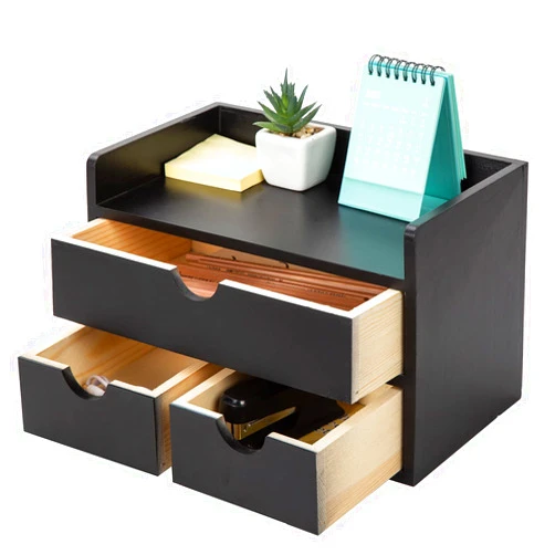 ExoLiry Black Bamboo Desk Organizer Wooden Storage Cabinet 3 Drawers with Shelf Tabletop Organization Box Home Office Workspace Bathroom Toiletries Supplies Caddy Vanity Makeup Stationery Holder