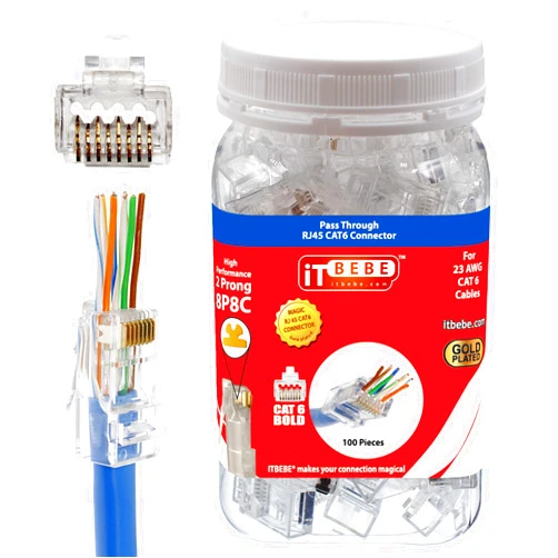 Itbebe.com ITBEBE 100 Pieces - Gold Plated RJ45 Cat6 Cat6a Pass Through Connector for 23 AWG Cables