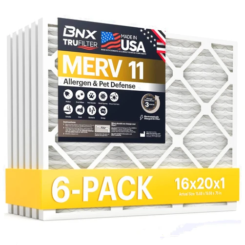 BNX TruFilter 16x20x1 Air Filter MERV 11 (6-Pack) - MADE IN USA - Allergen Defense Electrostatic Pleated Air Conditioner HVAC AC Furnace Filters for Allergies, Dust, Pet, Smoke, Allergy MPR 1200 FPR 7
