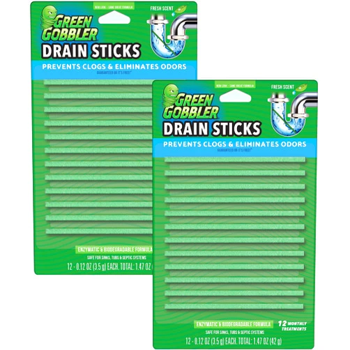 Green Gobbler Drain Cleaner & Deodorizer FRESH SCENT Sticks for Toilet Tanks, Sinks, Bathtub Drains, Washing Machine Drains and Garbage Disposals - 24 Pieces