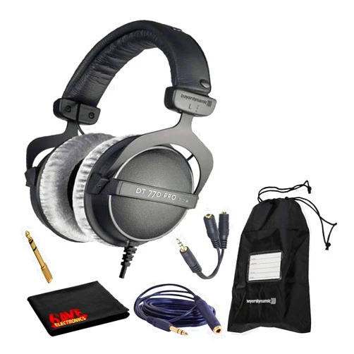 beyerdynamic DT 770 Pro 80 Ohm Closed-Back Studio Mixing Headphones Bundle -Includes- Soft Case, Headphone Splitter and Extension Cable, and 6AVE Cleaning Cloth