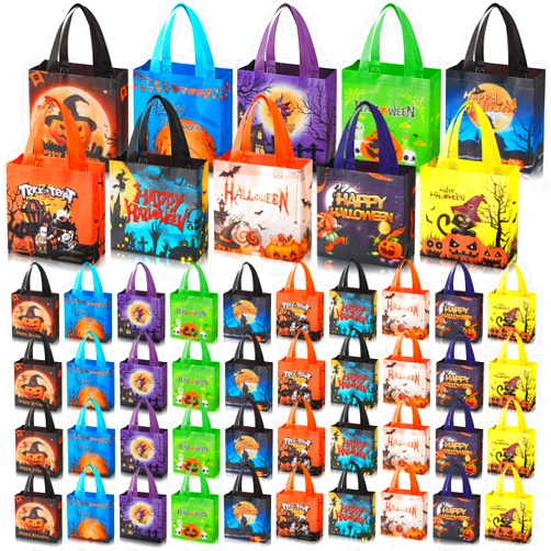 Sweetude 50 Pcs Halloween Trick or Treat Bags Halloween Tote Bags with Handles Halloween Non Woven Bags Halloween Bags for Gifts Wrapping Trick or Treat Halloween Party Supply, 7.9x7.9x3.15'' (Spooky)