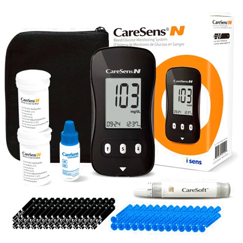 CareSens N Blood Glucose Monitor Kit with 100 Blood Sugar Test Strips, 100 Lancets, 1 Blood Glucose Meter, 1 Lancing Device, 1 Control Solution, Travel Case for Diabetes Testing