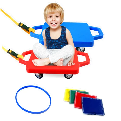Romrex 2 Plastic Scooter Boards with Handles for Kids Sitting and Sports Training, with 1 Ring, 2 Ropes and 4 Beanbags, Indoor and Outdoor Play