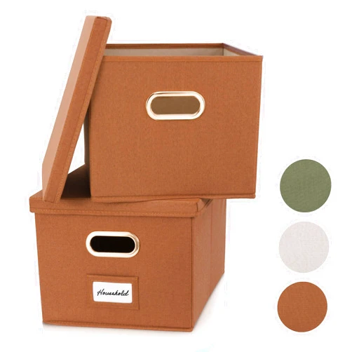 ZICOTO Decorative File Organizer Box Set of 2 - Collapsible Linen Filing Cabinets w/Handles Are Perfect to Store all Your Documents & Hanging File Folders - Portable Easy Slide File Crates with Lid