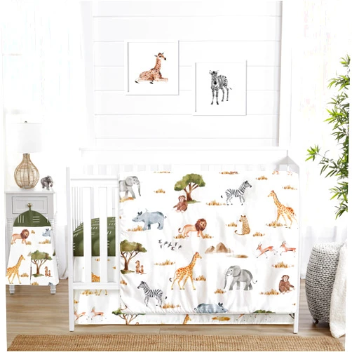 Sweet Jojo Designs 4-Piece Baby Crib Bedding Set (Jungle Animals) for Boys or Girls, Infants/Nursery incl. Blanket, Fitted Sheet, Skirt, Diaper Stacker (Boho, Wildlife Safari, Animal, Elephant, Lion)