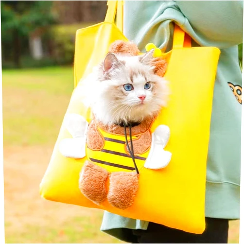 Yeduzyn Pet Shoulder Carrying Bag, Cute Bee-Shaped Pet Canvas Shoulder Bag Cat Carrier, Portable Cats Small Pet Canvas Tote Chest Bag, Pet Carrier for Small Dogs and Cats 38 * 38cm(Large)