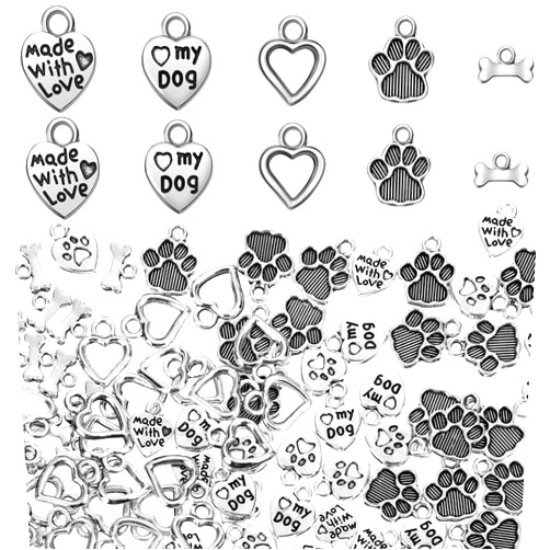 Junkin 120 Pieces Animal Dog Paw Charms Heart Shape Cat Paw Print Bead Pendants Metal Puppy Footprint Jewelry Findings for Jewelry Making DIY Necklace Bracelet