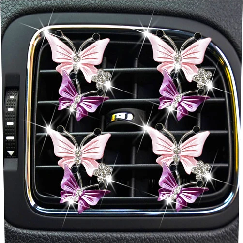 Gowxs Maitech Car Air Fresheners Vent Clips for Women,4 Pcs Cute Dual Butterfly Diamond Rhinestone Air Freshener Vent Clip Sparkly Bling Car Accessories for Women (Pink)
