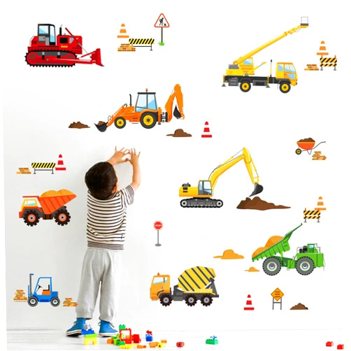 decalmile Construction Vehicles Wall Decals Tractor Excavator Crane Wall Stickers Kids Bedroom Boys Room Playroom Wall Decor