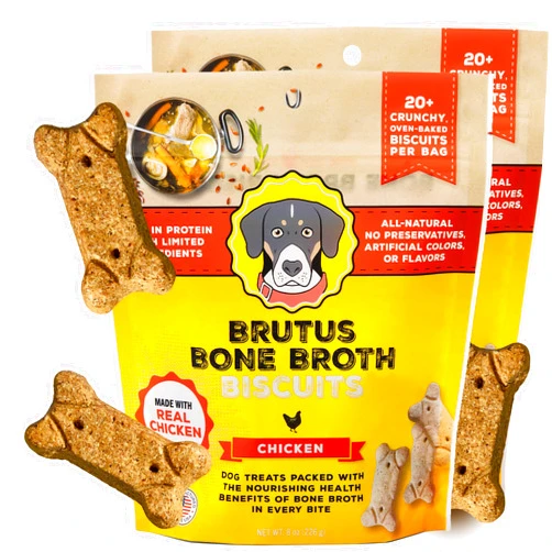 Brutus Bone Broth Biscuits (Chicken) - Healthy Dog Treats - Natural Dog Biscuits with Dog Bone Broth and Real Chicken Meat - 18 Grams of Protein - 8 OZ (Pack of 2)