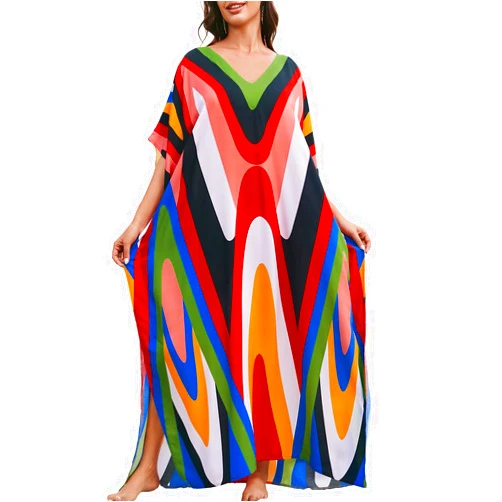 Bsubseach Women Floral Print Beach Kaftan Dress Summer Half Sleeve Swimsuit Cover Up Swimwear Geometric Patterns