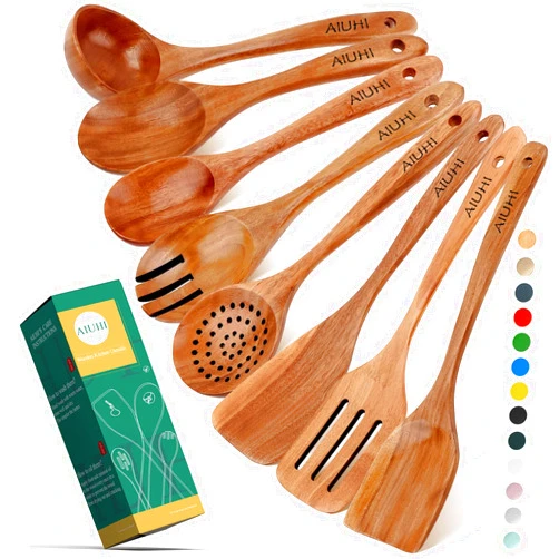 AIUHI Wood Spoons for Cooking,Nonstick Kitchen Utensil Set,Wooden Spoons Cooking Utensil Set Non Scratch Natural Teak Wooden Utensils for Cooking(Teak 8 Pack)