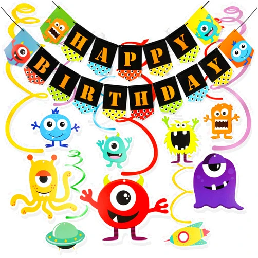 Konsait Monster Bash Birthday Party Decorations, Monster Hanging Swirl Decoration and Happy Birthday Banner for Boys Girls Kids Birthday Party Supplies