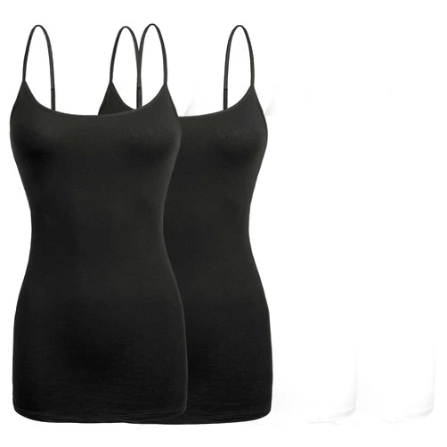 Arctic Sheep Basic Long Solid Camisole for Women with Adjustable Spaghetti Strap Layering Undershirt Tank Top, Black+Black+White+White (4 Pack), Large
