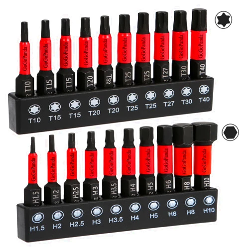 GoGoPanda star shaped 10 (T10-T40), hex screws 10 (H1.5-H10), S2 steel safety Screwdriver Bit Sets, CNC machining tip, 2-inch long, magnetic holder and storage box (20, Star shaped-Hexagonal-2INCH)