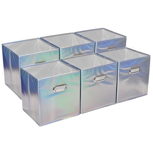 Handy Laundry 6-Pack Foldable Cube Storage Bins – Decorative Collapsible Organizer for Shelves, Closets, Underbed, Clothes, or Kids’ Toys (Shiny Silver)
