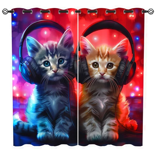 XINBADU Cute Cat Blackout Curtains for Girls Boy Home Decor, Funny Pet Cats Kawaii Kitten Animal Music Grommet Thermal Insulated Drapes Darkening Window Curtain for Bedroom Living Room, 42 x 45 Inch