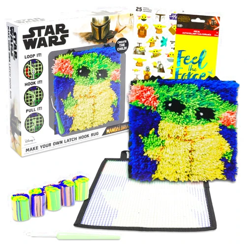 STAR WARS Mandalorian Arts and Crafts Kit for Kids - Bundle with DIY Star Wars Make Your Own Mini Rug Plus Stickers, More | Star Wars Latch and Hook Baby Yoda Rug