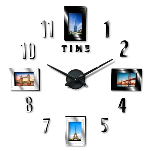 Larsa Home Frameless 3D Analog DIY Wall Clock Adjustable Size Large Modern Sticker Numbers with Photo Frames Mirror Finish for Home, Living Room, Bedroom, and Office Decoration (Black and White)