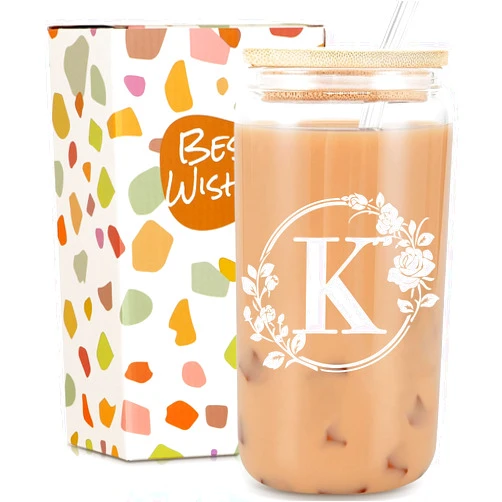 Frerdui Ini-tial Glass Cup - Gifts for Women - 16 Oz Glass Cups W/Lids Straws, Glass Tumbler Monogrammed Gifts, Iced Coffee Cups - Personalized Customized Cute Gifts Mothers Day, Birthday Gifts for Her Mom, K