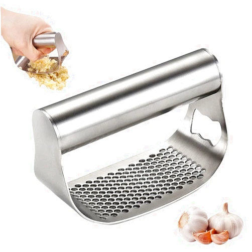 XieJY Stainless Steel Garlic Presser, 2024 New Garlic Press Rocker Garlic Mincer Garlic Press Stainless Steel, Garlic Chopper with Peeler and Cleaning Brush for Smash Garlic Kitchen Tools (A)