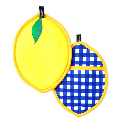 kate spade new york Lemon Party and Spring Gingham Pot Holder 2-Pack Set, Heat Resistant, 100% Cotton, Navy Blue/Yellow, 7