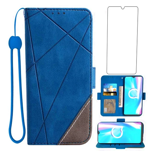 Asuwish Compatible with Alcatel 1S 2020/1V 2020 Wallet Case and Tempered Glass Screen Protector Leather Flip Cover Card Holder Stand Cell Accessories Phone Cases for Alcatel 3L 2020 Women Men Blue