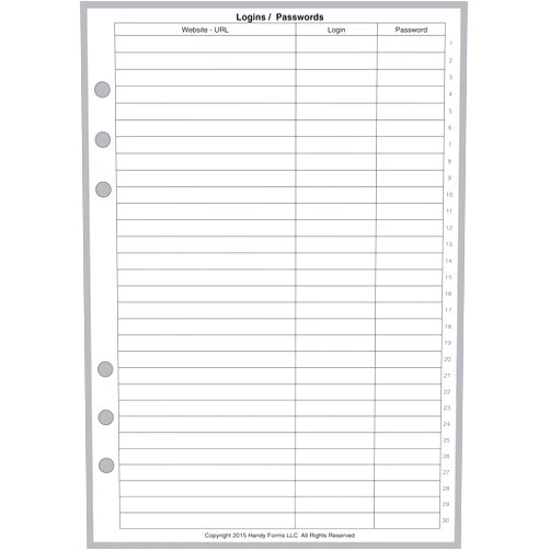Handy Forms A5 Size Login Password List, Sized and Punched for 6-Ring A5 Notebooks by Filofax, LV (GM), Kikki K, TMI, and Others. Sheet Size 5.83